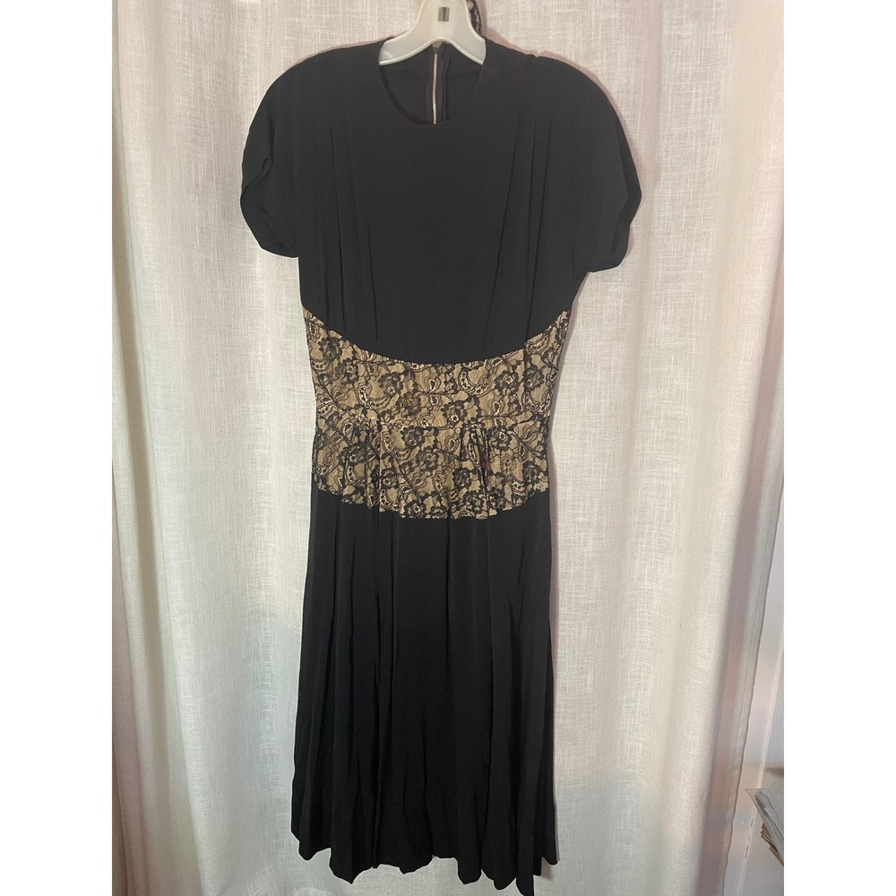 Vintage Dress 40s Black Crepe Lace Inset Waist Cocktail Evening Dress‎ S/XS